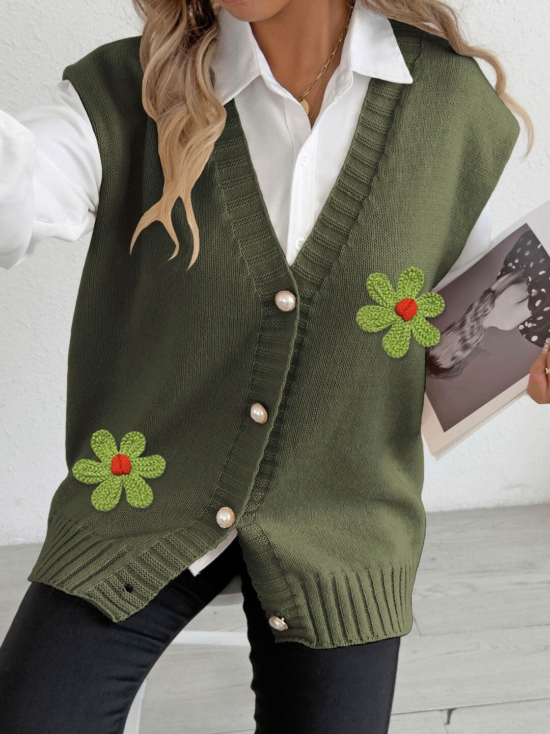 Women Embroidered Sweater Vest with Embroidered Detail