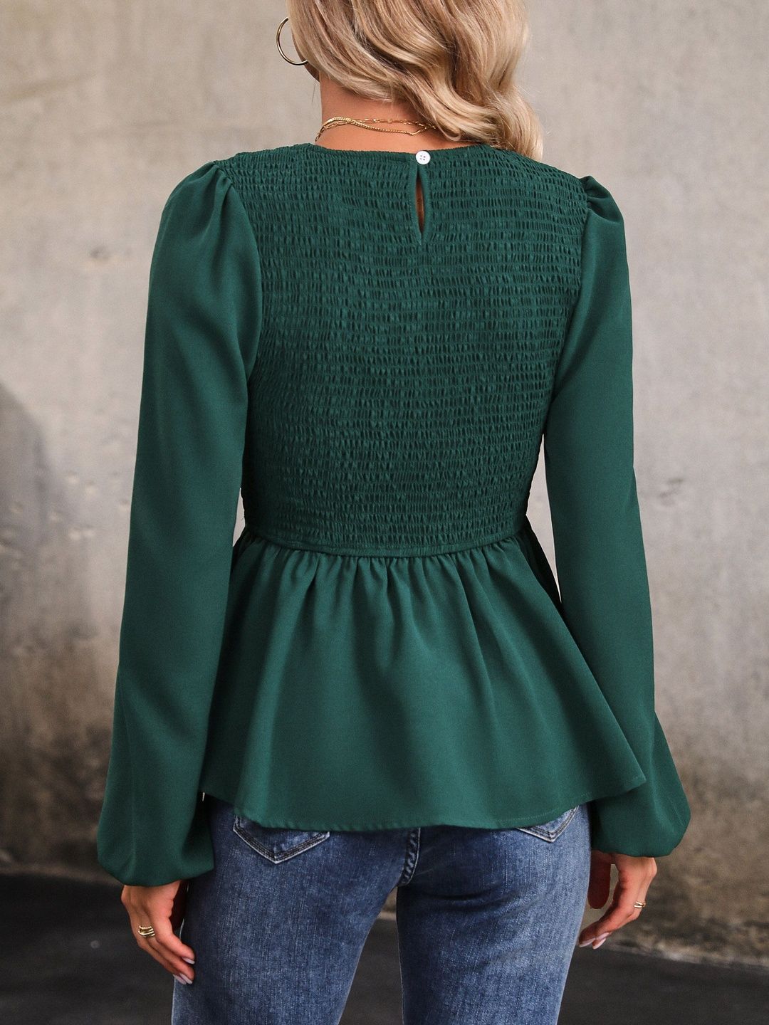 Women's Green Smocked Cotton Peplum Top