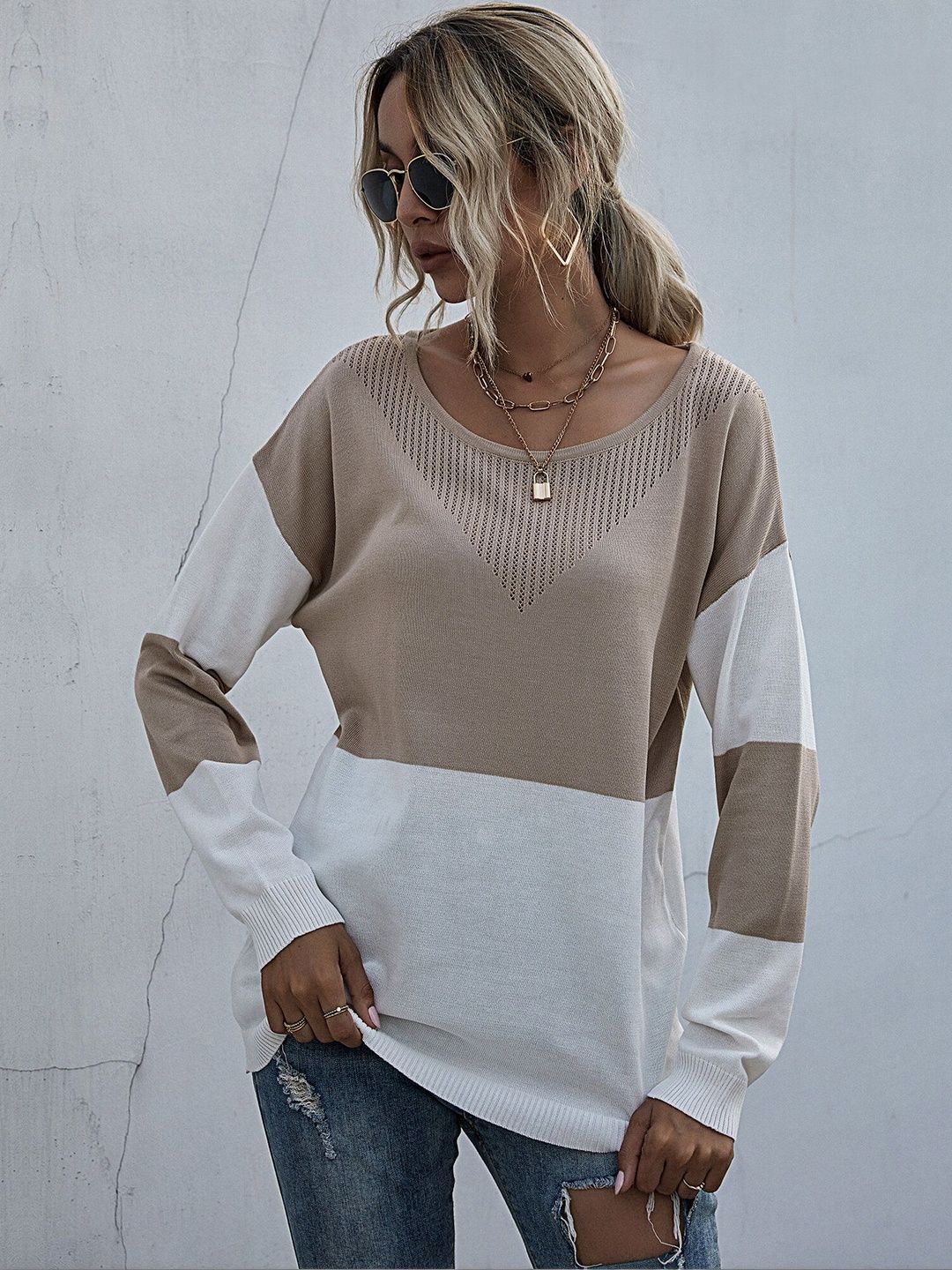 Women's Beige Colourblocked Pullover Blend Printed