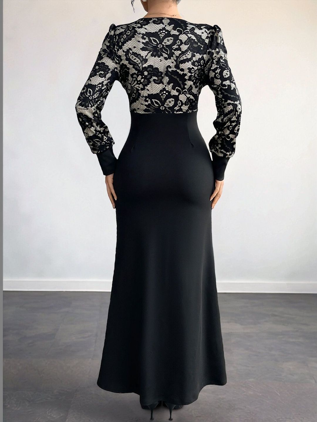 Women's Black Floral Embroidered Puff Sleeve Fit & Flare