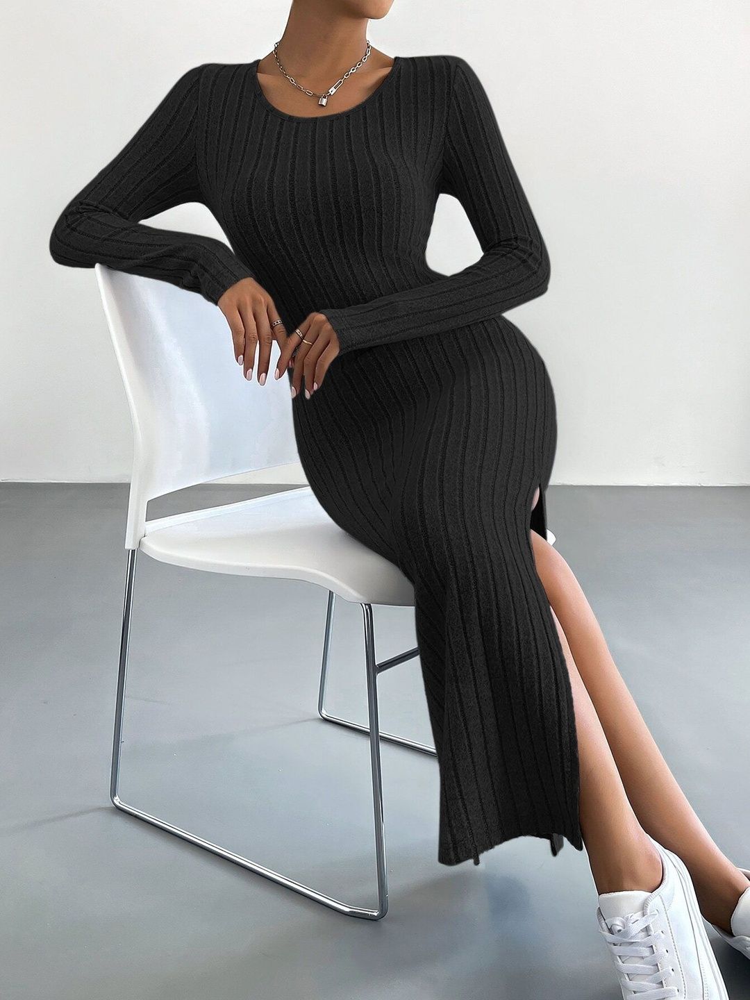 Women's Black Bodycon Midi Dress Blend Printed