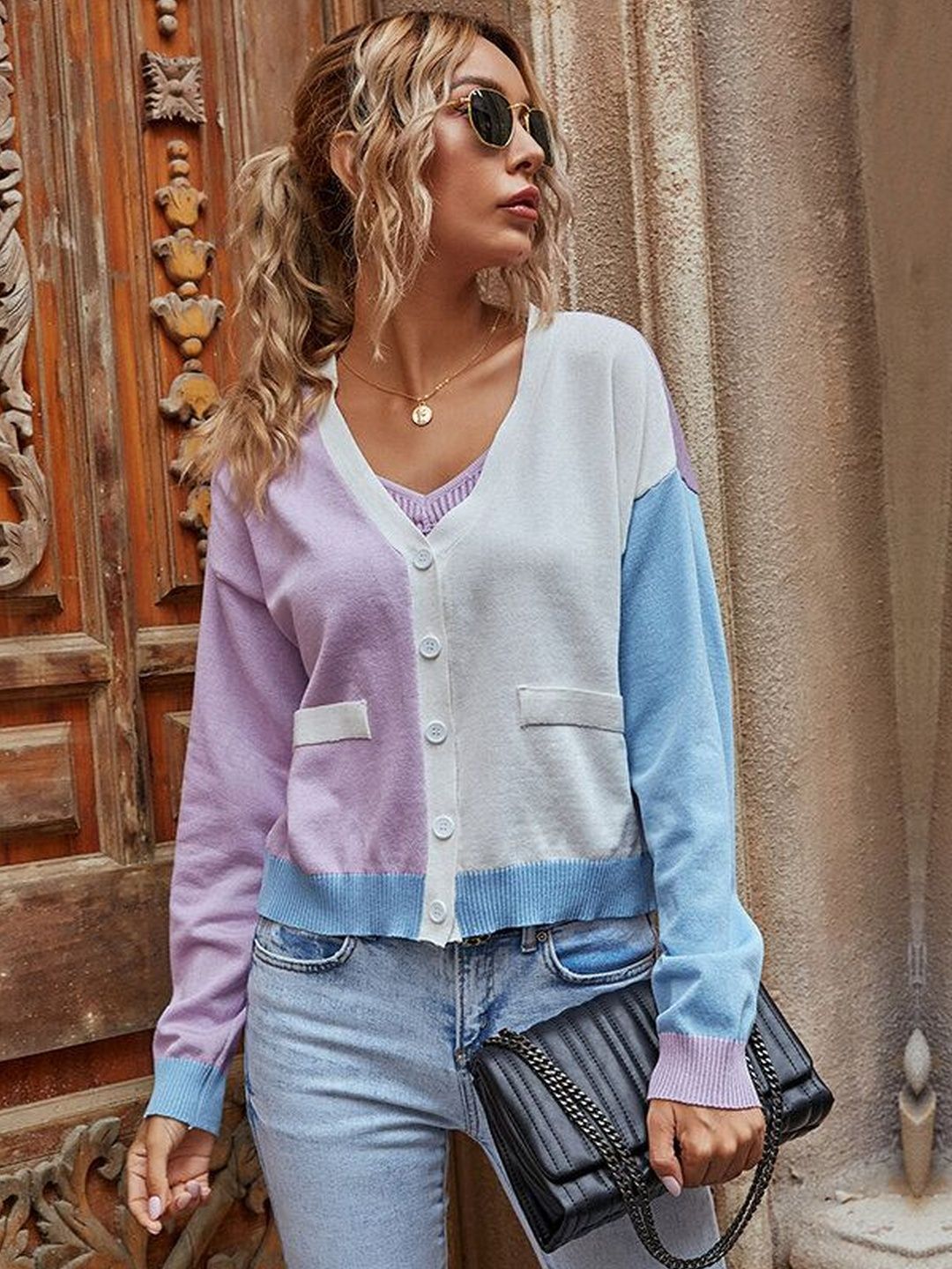 Women's Purple Colourblocked Cardigan