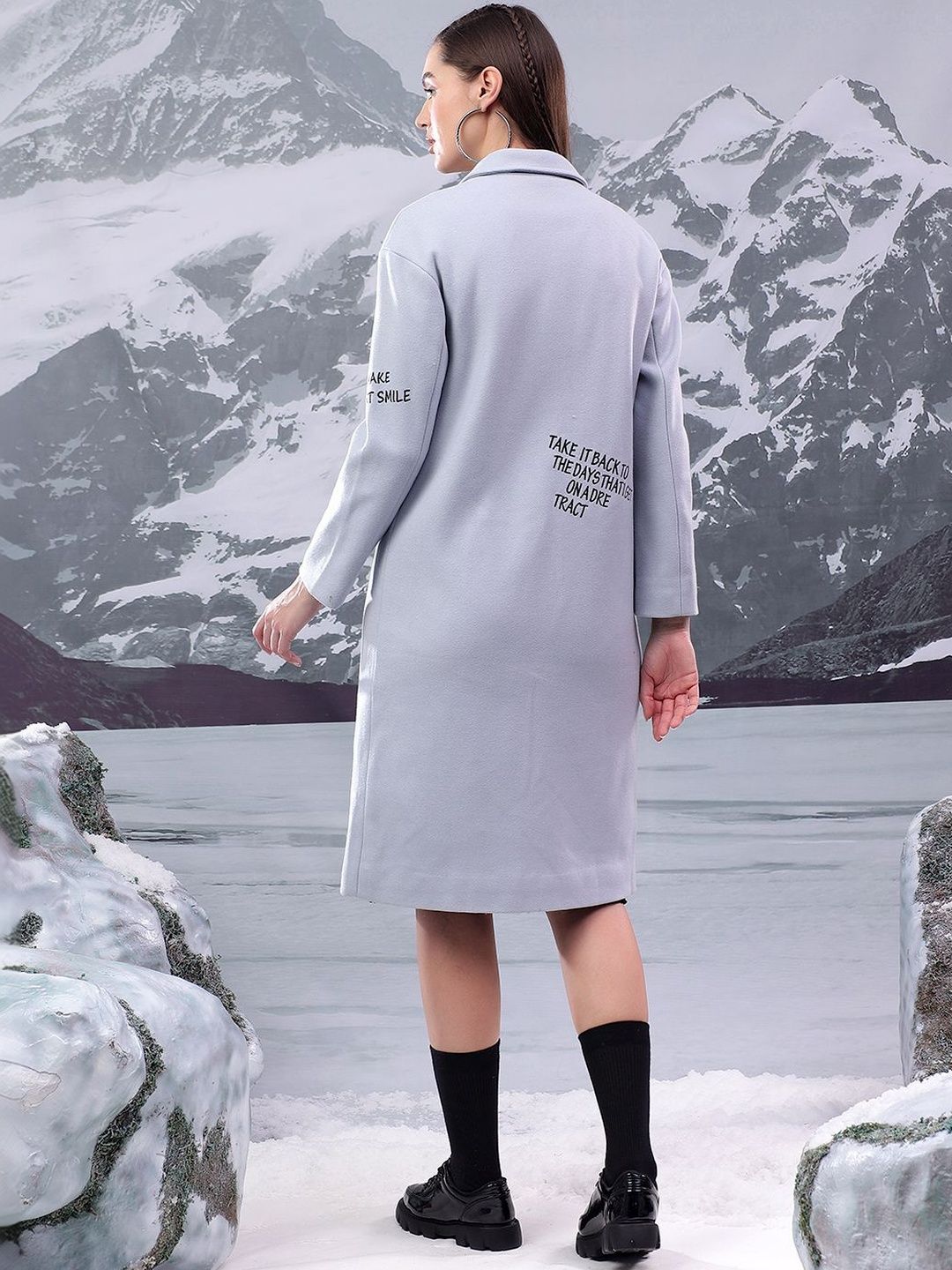 Nowi Typography Printed Single Breasted Coat