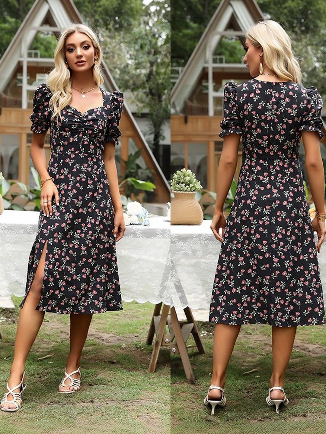 Floral Print Puff Sleeve Fit & Flare Midi Dress in Black cotton - Nowi Korean Fashion