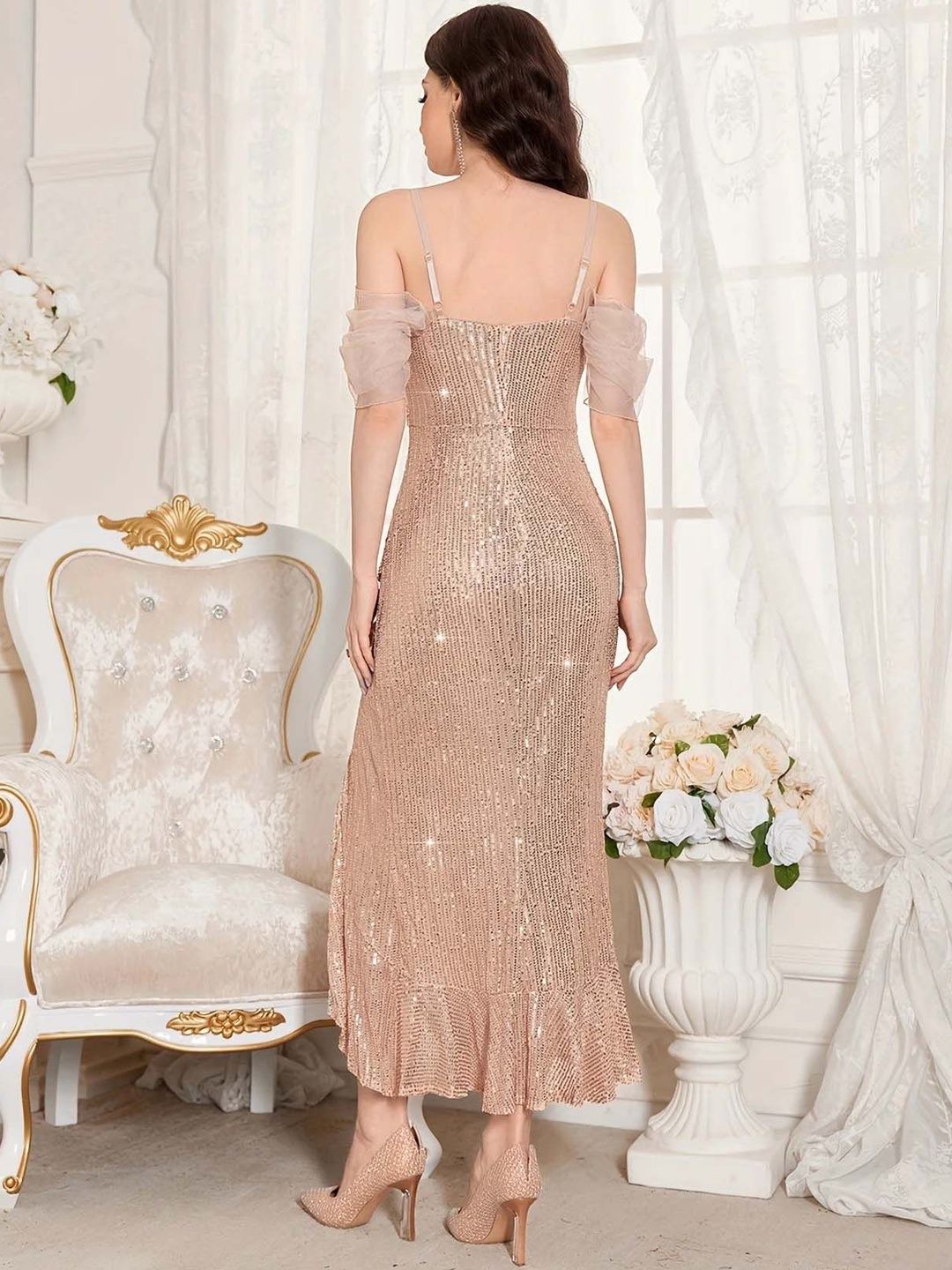Pink Sequined Cold-Shoulder Midi Dress