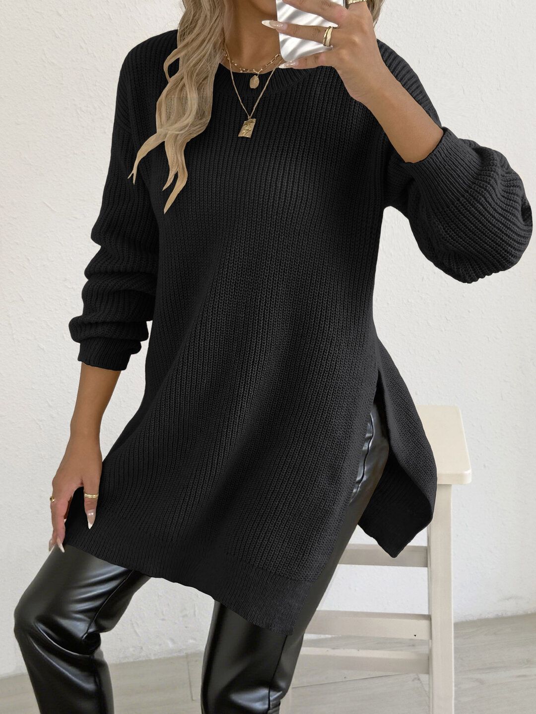 Women Ribbed Longline Pullover