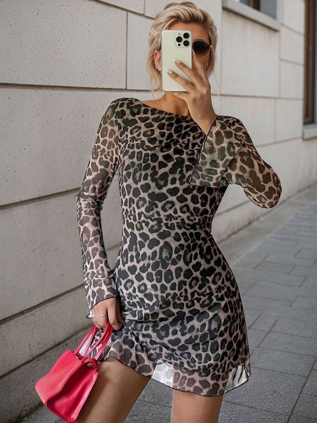 NOWI Animal Print Flared Sleeve Bodycon Mini Dress