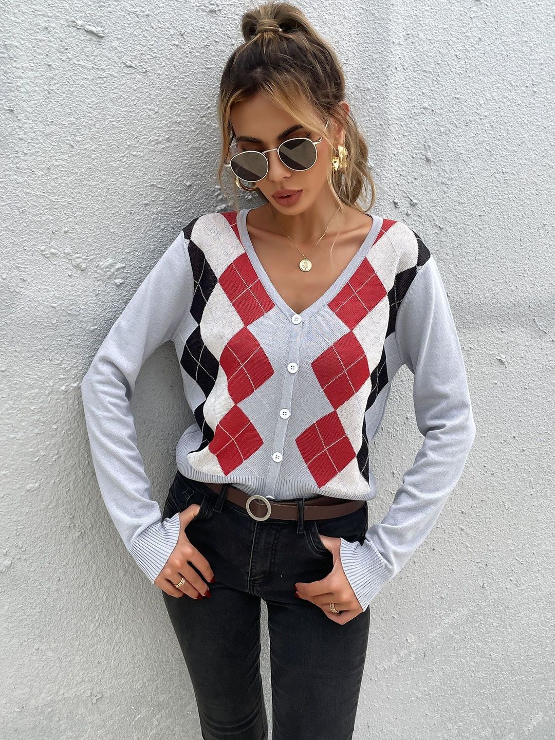 Women Argyle Checked Cardigan