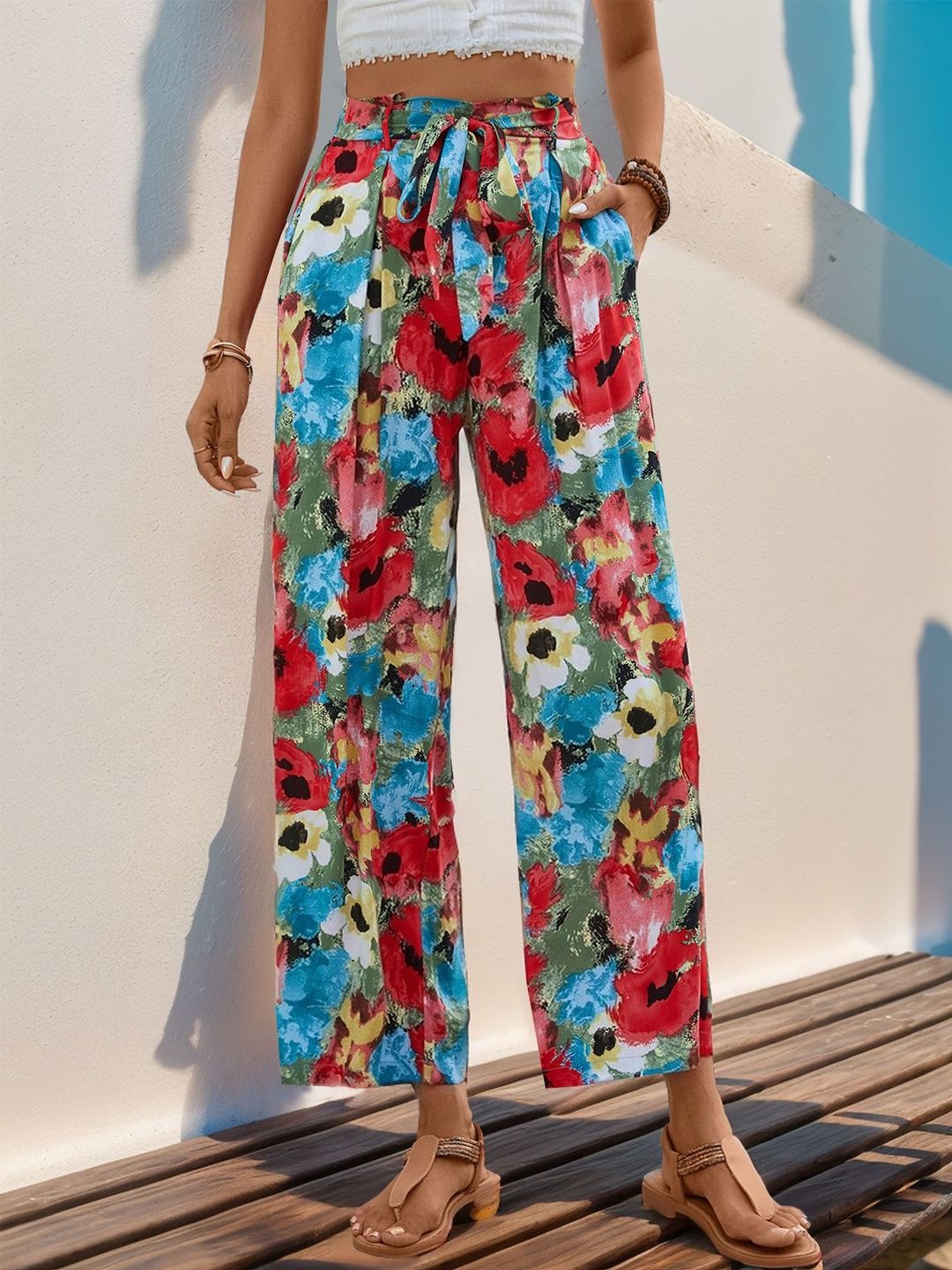 Women Floral Printed Non Iron Pleated Trousers