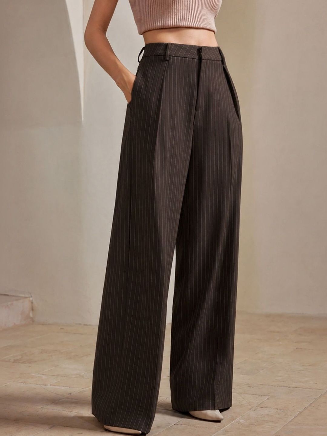 Women Striped Relaxed High-Rise Easy Wash Pleated Trousers