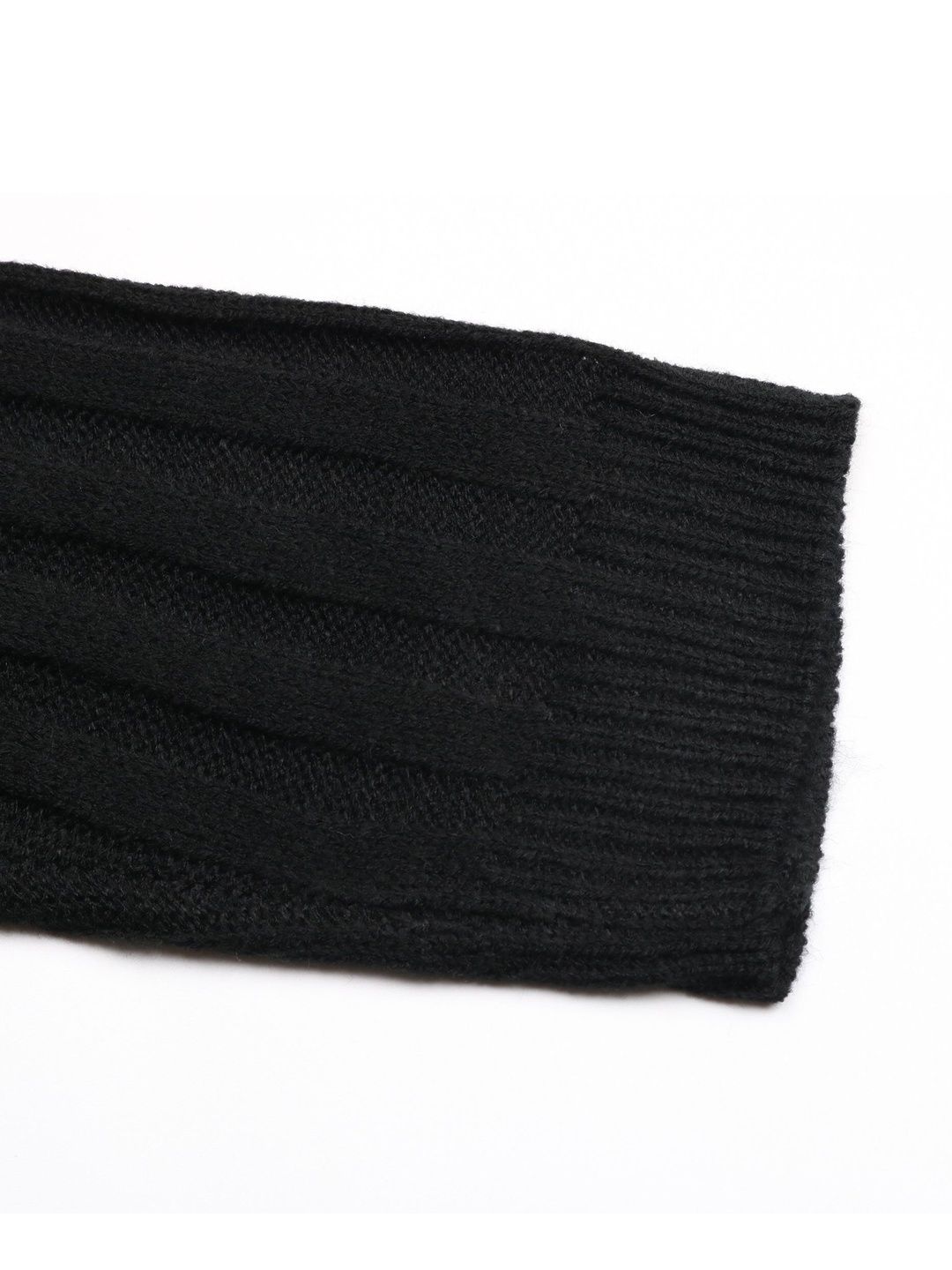 Women's Black Ribbed Woollen Pullover Printed Regular Fit