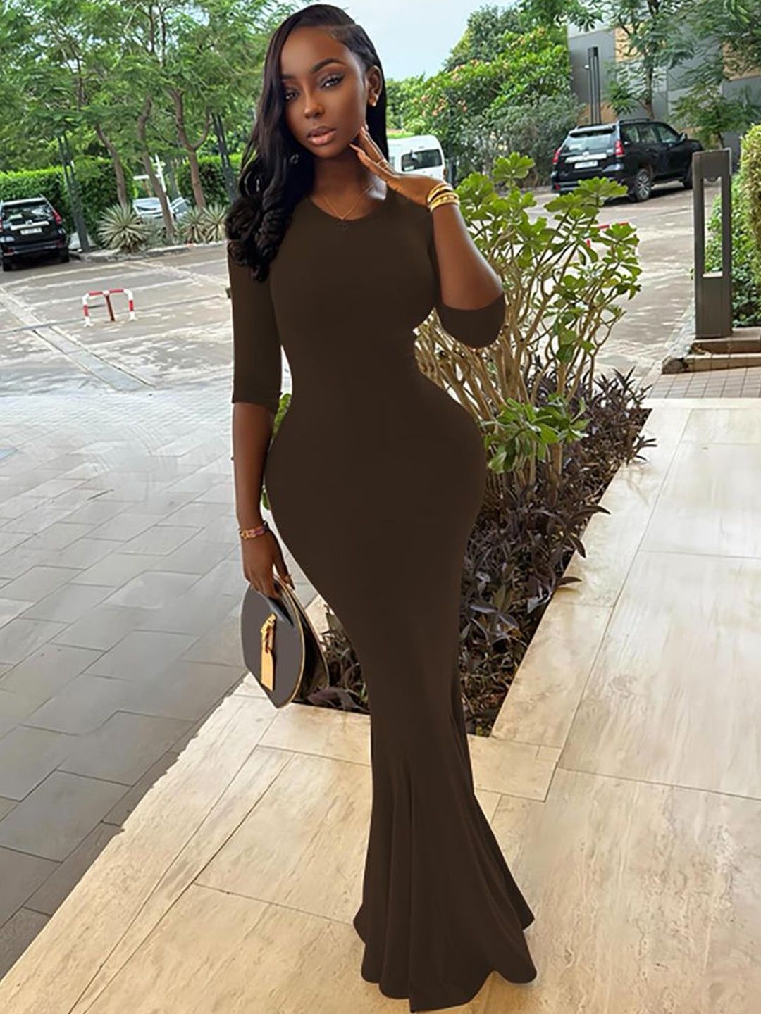 Women's Brown Bodycon Maxi Dress Blend Printed