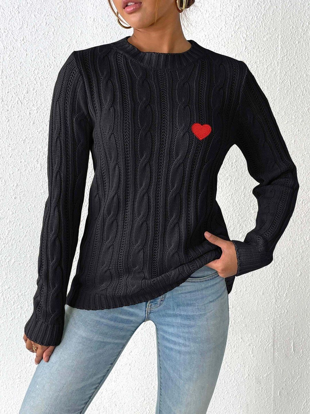 Women Cable Knit Pullover with Embroidered Detail