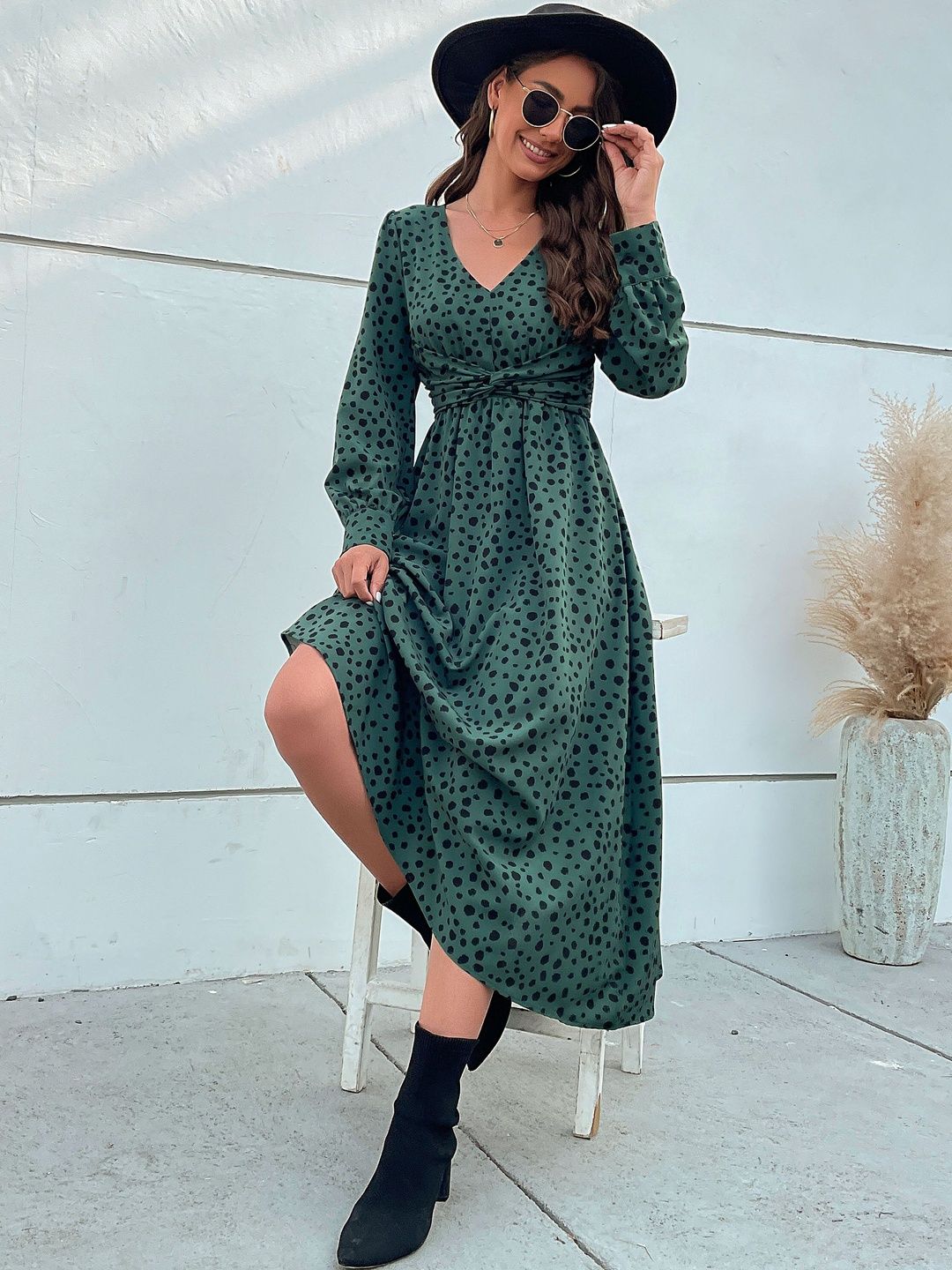 Women's Green Print Midi Dress