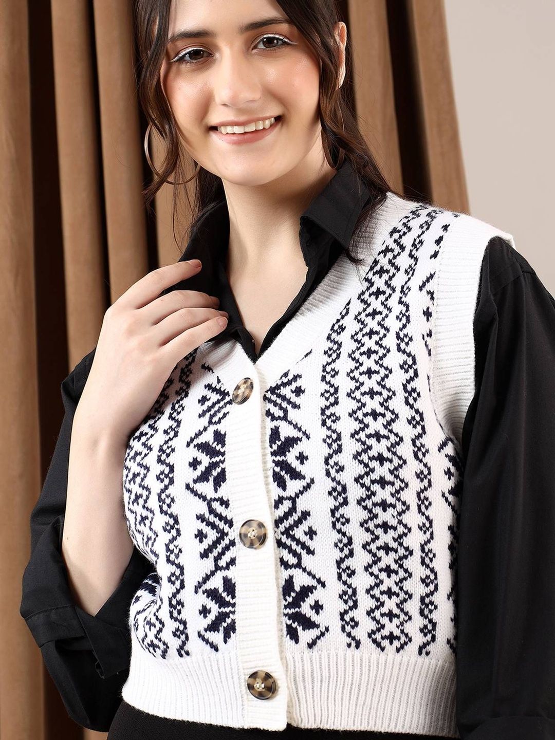 NOWI Women Fair Isle Printed Woollen Sweater Vest