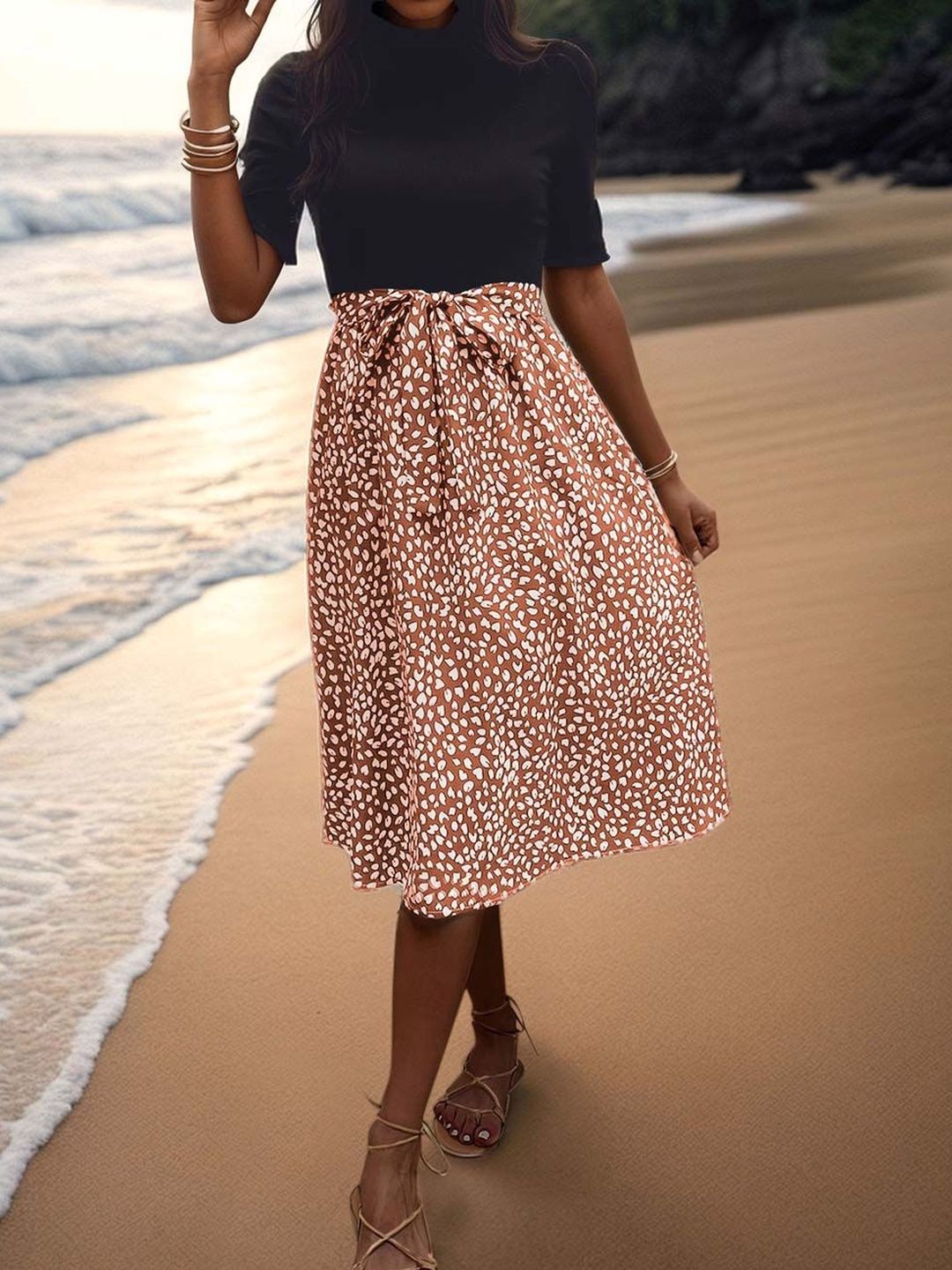 Women's Orange Nowi Print Fit & Flare Midi Dress