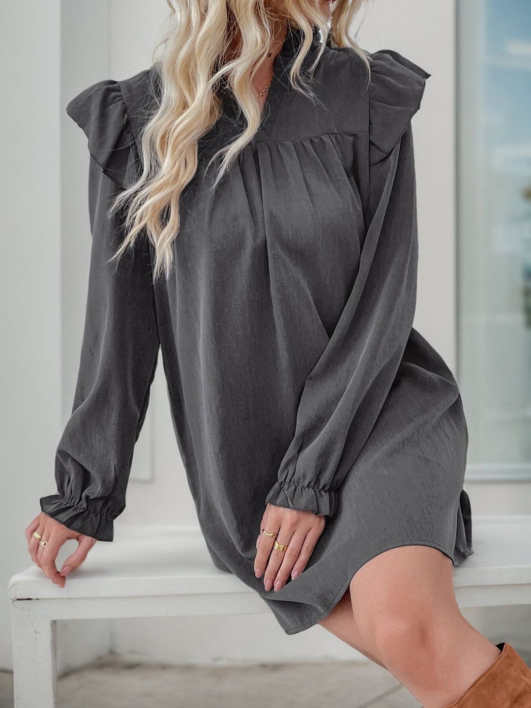 Women's Chic Grey Ruffle Dress