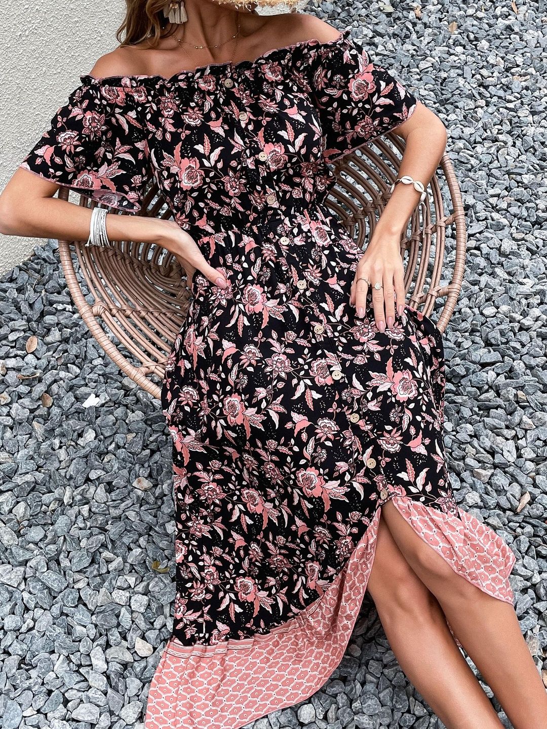 Floral Print Off-Shoulder Maxi Midi Dress