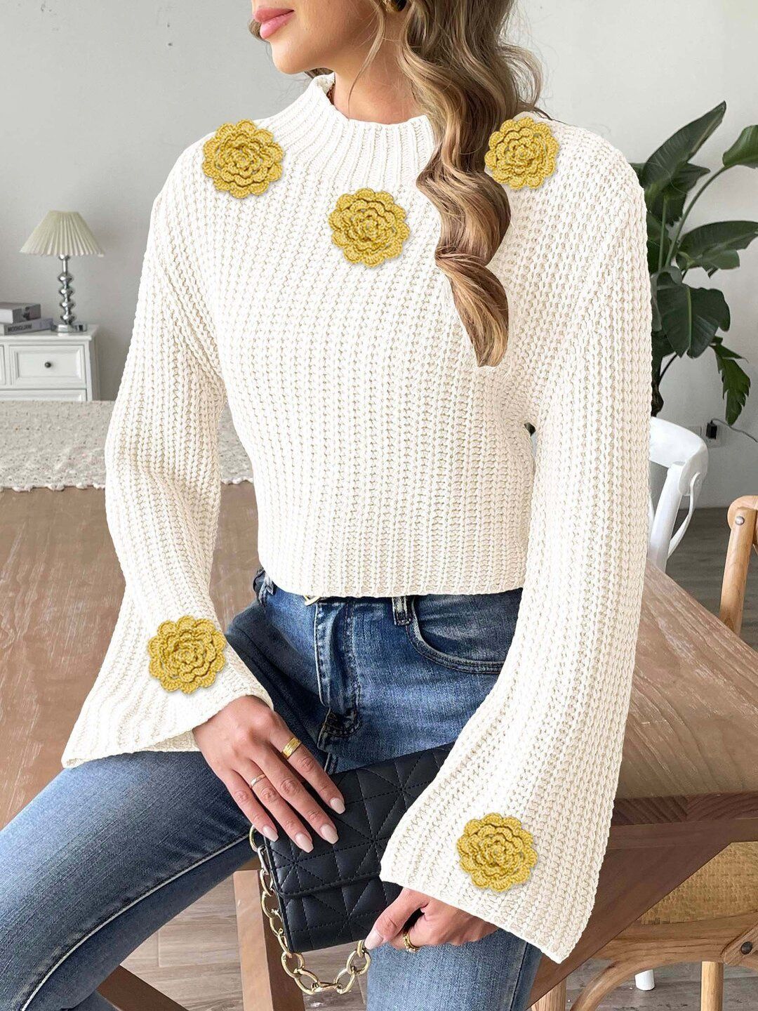 Women Ribbed Crop Pullover with Applique Detail