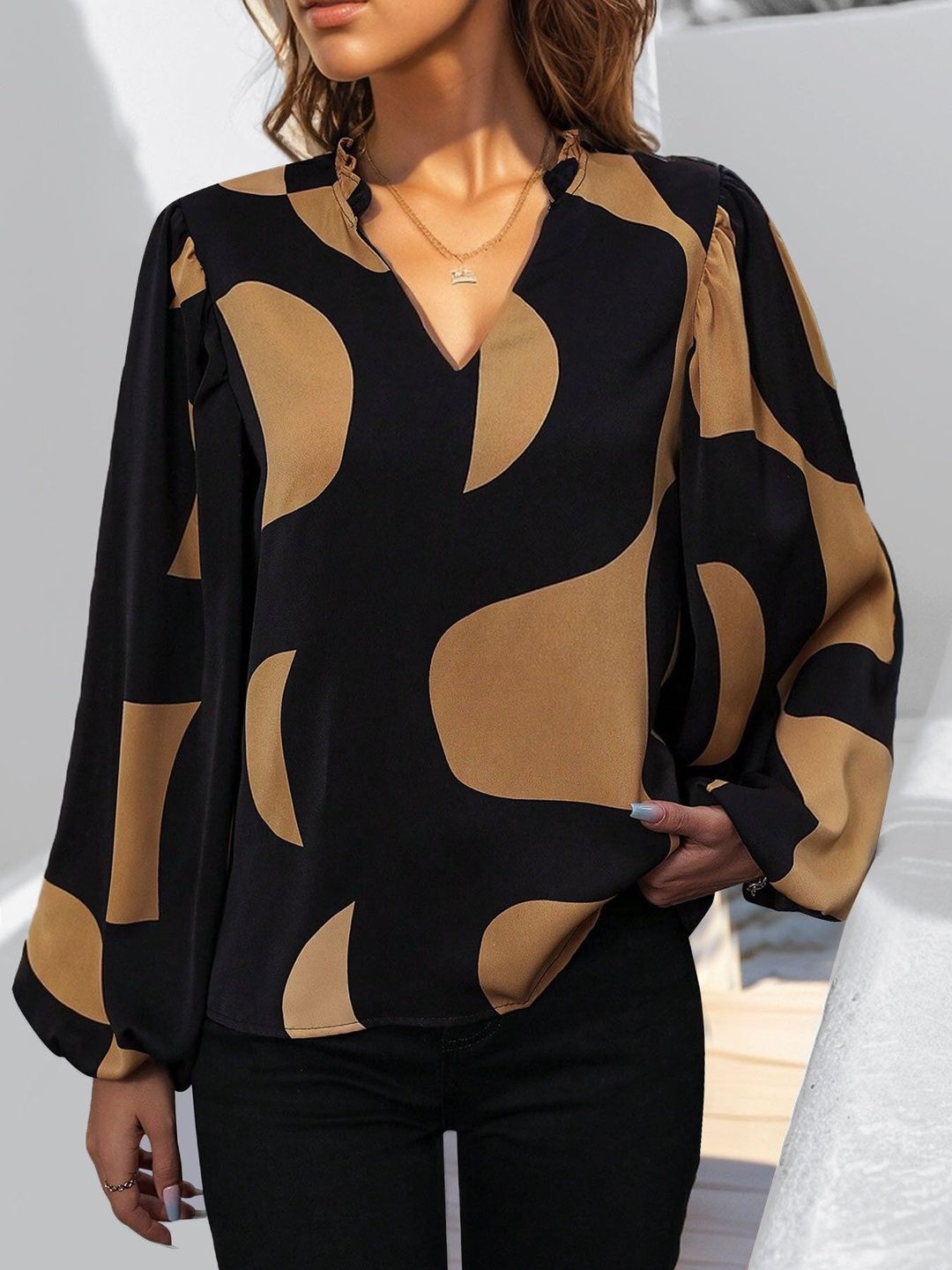 Women's Black Print Bishop Sleeves Top