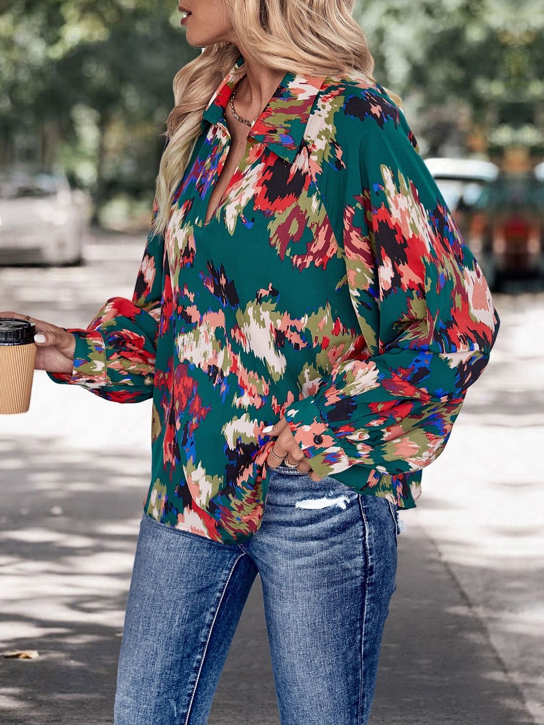 Women's Green Print Bishop Sleeves Top
