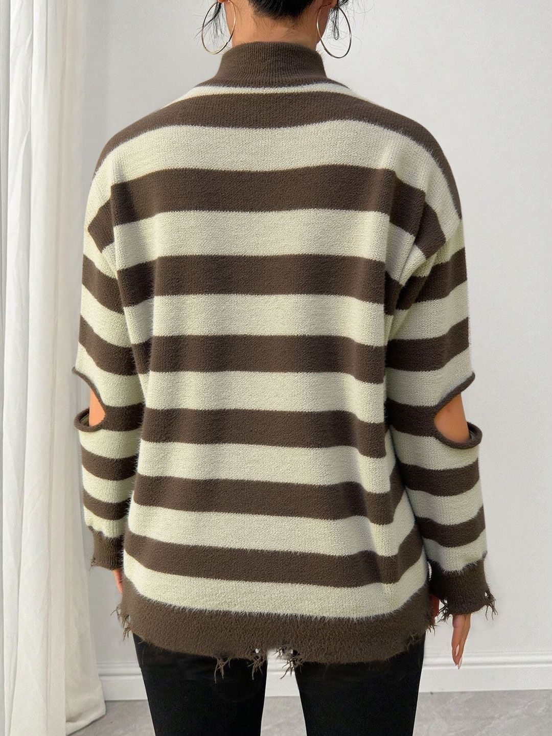 Women's Brown Striped Pullover Blend Regular Fit
