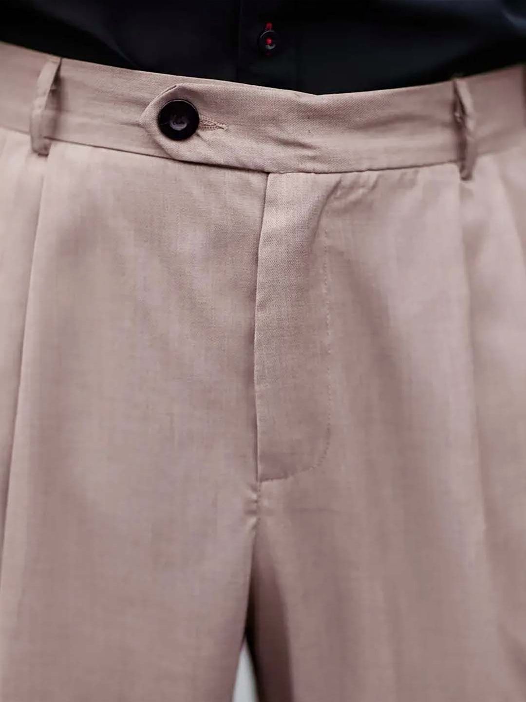 Men Pleated Trousers in pink, featuring a relaxed fit and designed like Korean pants for males.