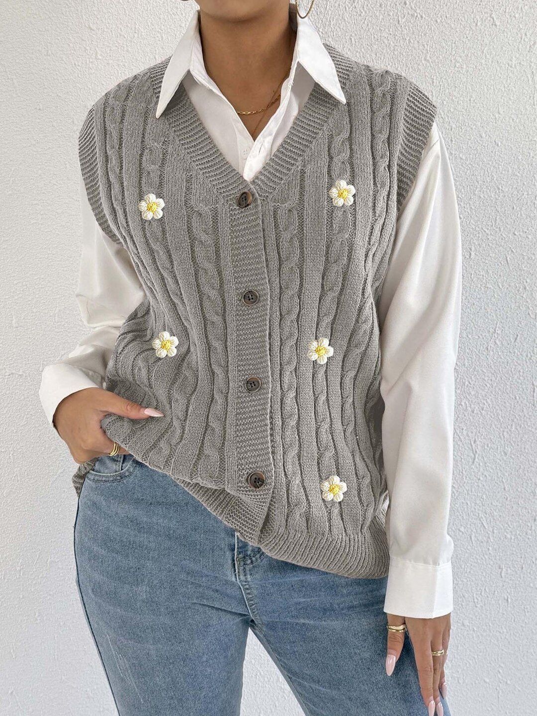Women Cable Knit Sweater Vest with Embroidered Detail