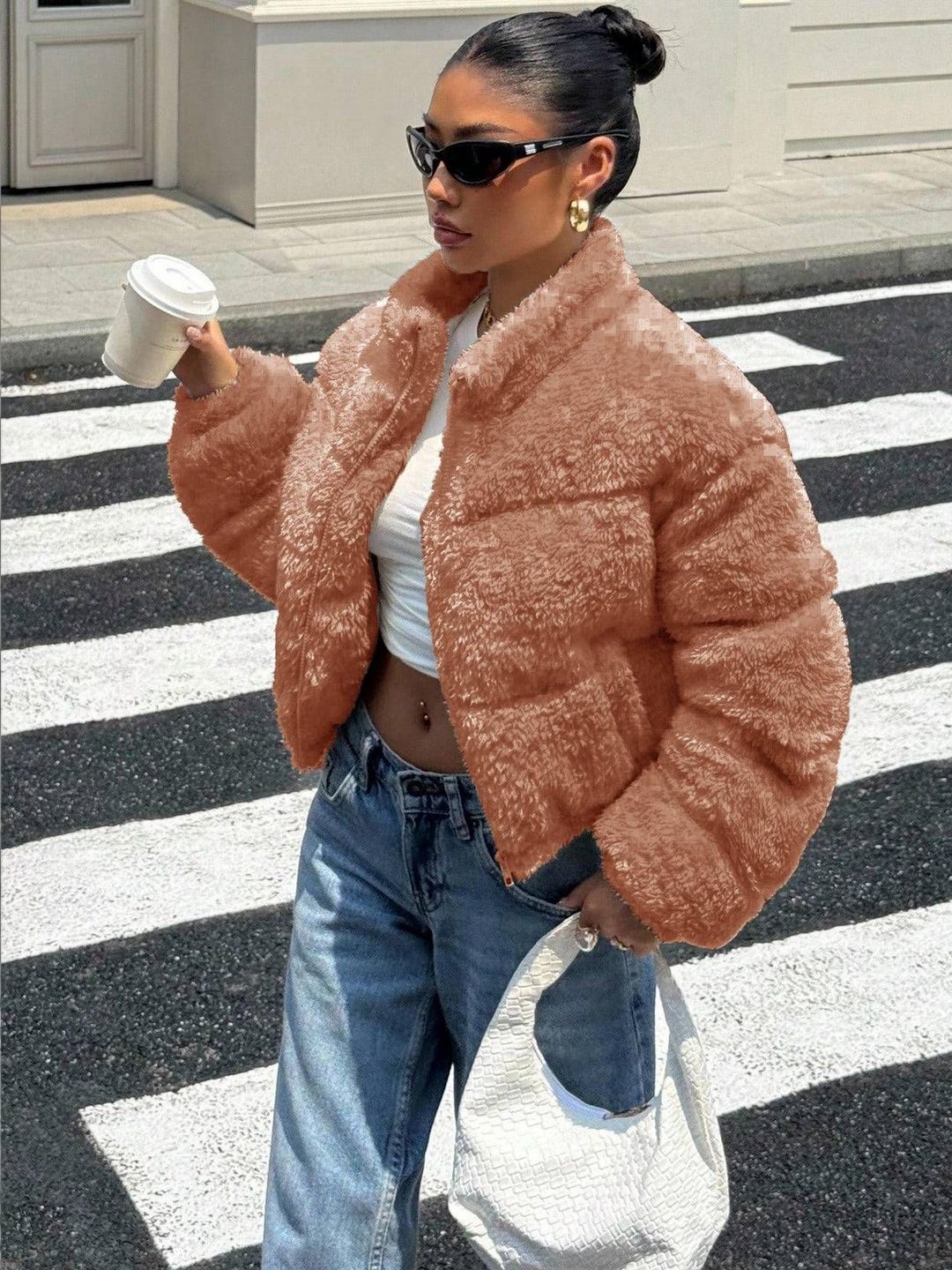 NOWI Women Woollen Crop Puffer Jacket