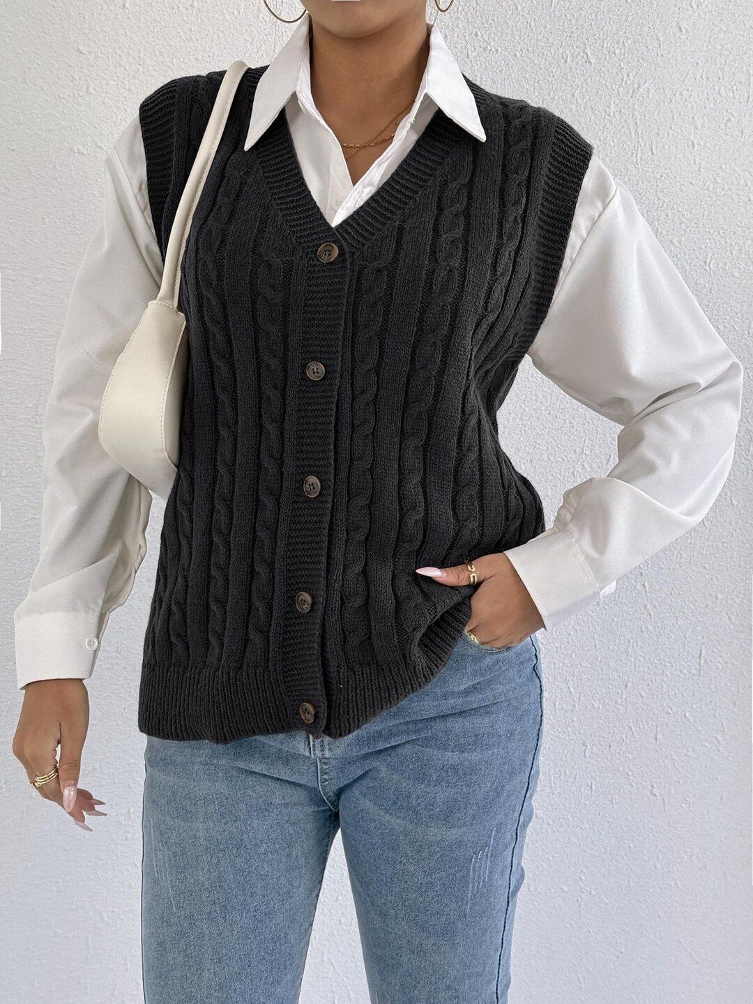 Women Cable Knit Ribbed Sweater Vest