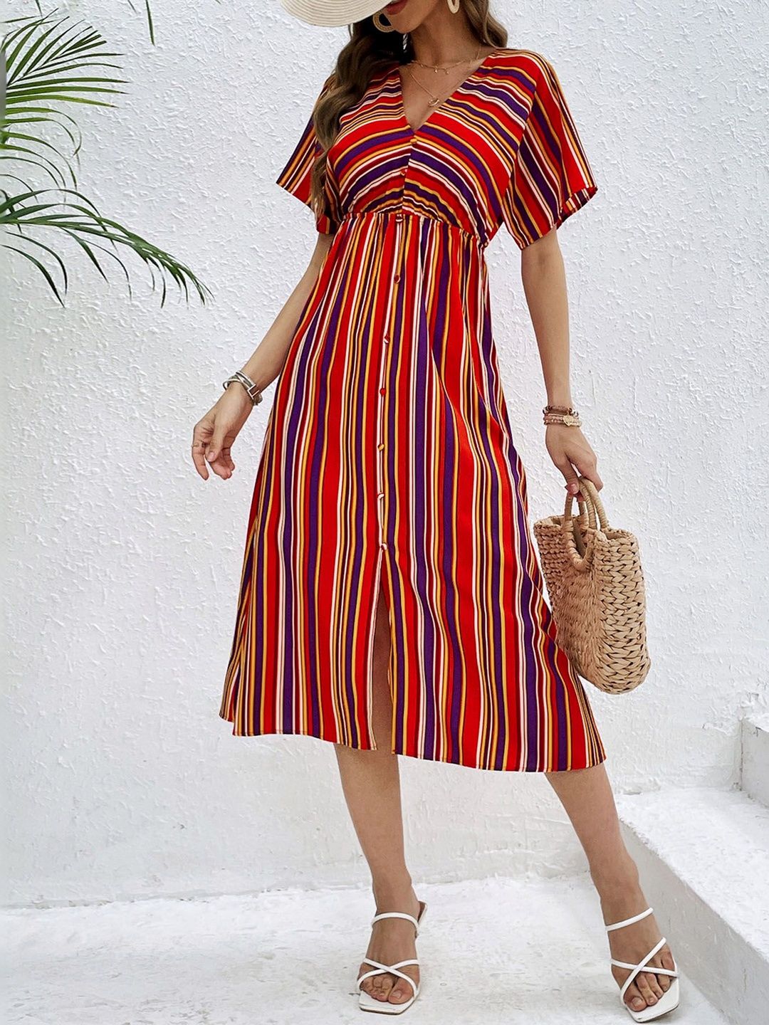 Striped Flared Sleeve A-Line Midi Dress