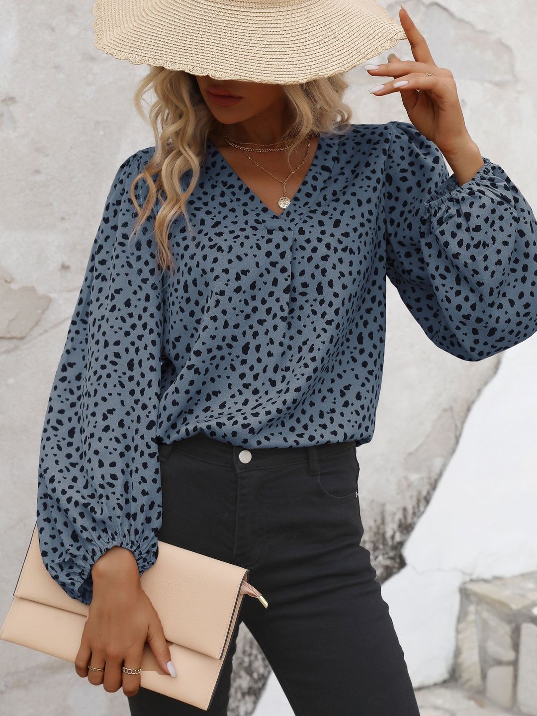 Women's Blue Animal Print Puff Sleeve Top