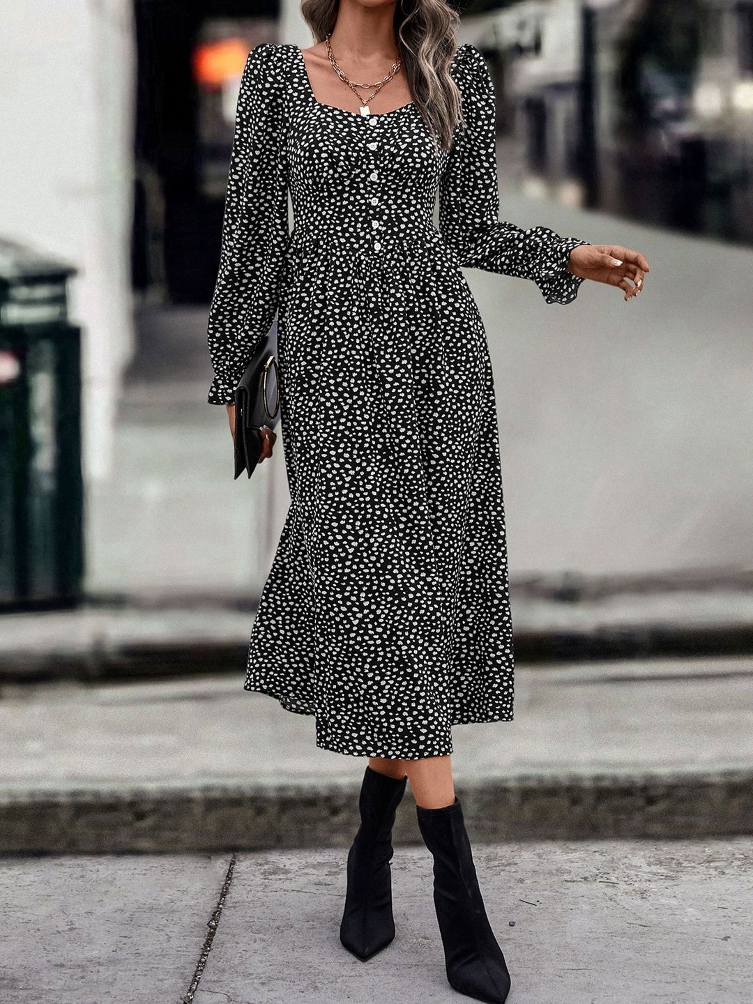 Women's Black Polka Dot Print A-Line Midi Dress