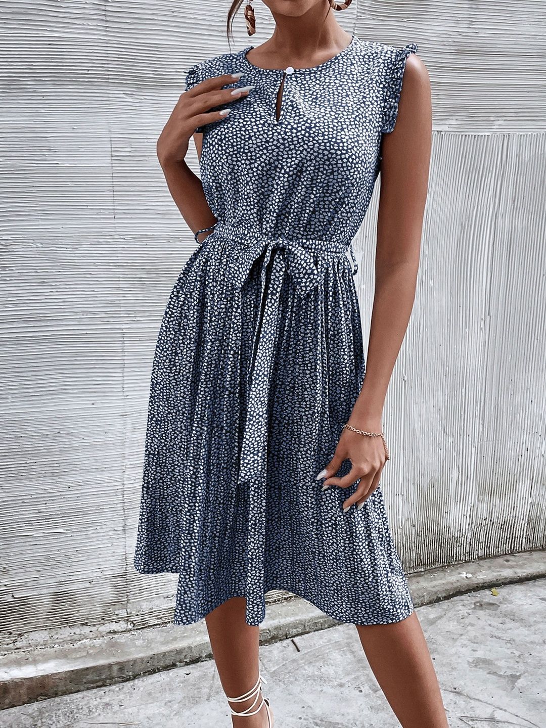 Print Keyhole Neck Flutter Sleeve Fit & Flare Dress