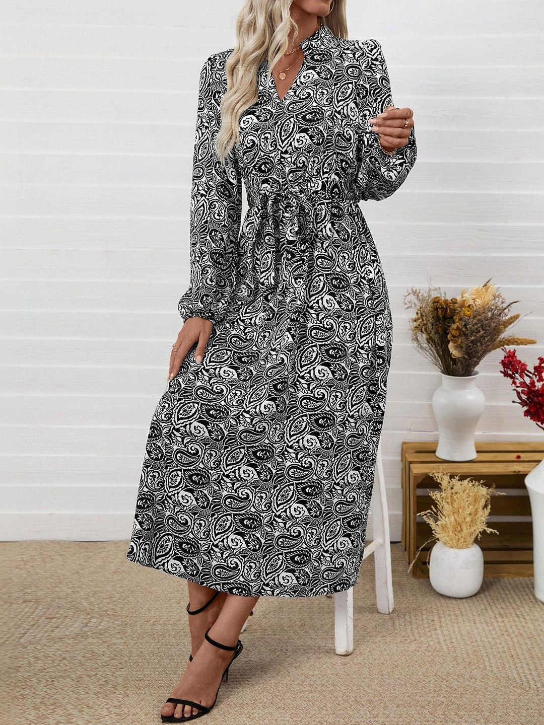 Women's White Print A-Line Midi Dress Blend