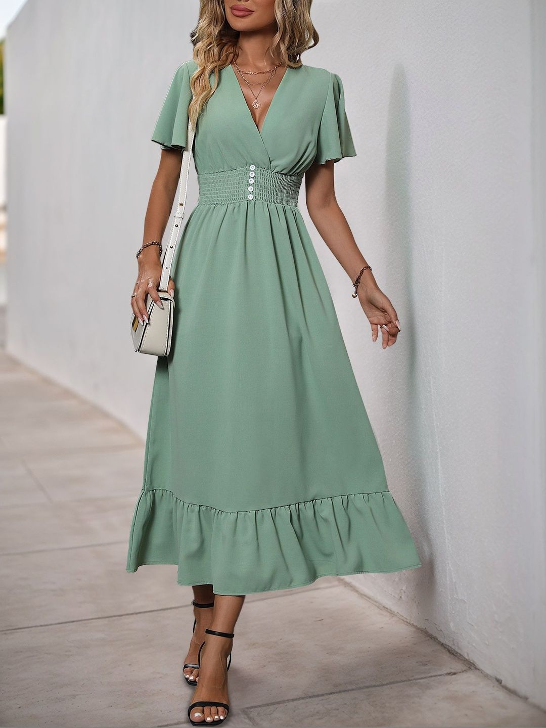 Flutter Sleeve Fit & Flare Midi Dress