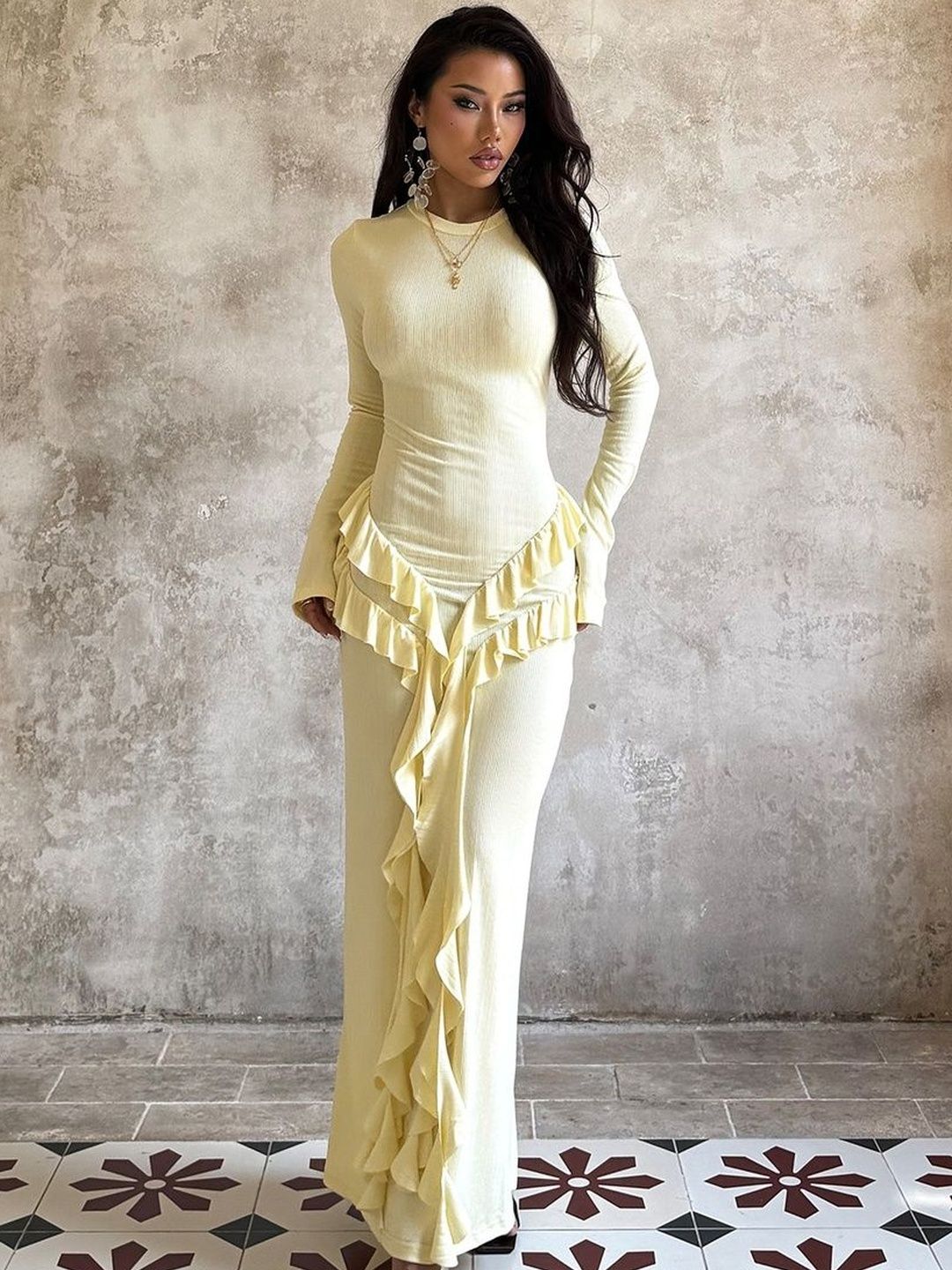 Women's Yellow Ruffled Sheath Maxi Dress