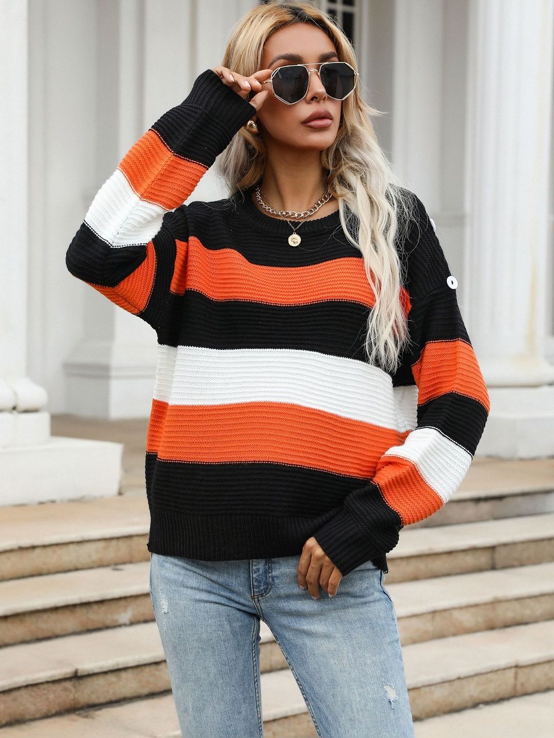 Women's Orange Striped Pullover Blend Regular Fit