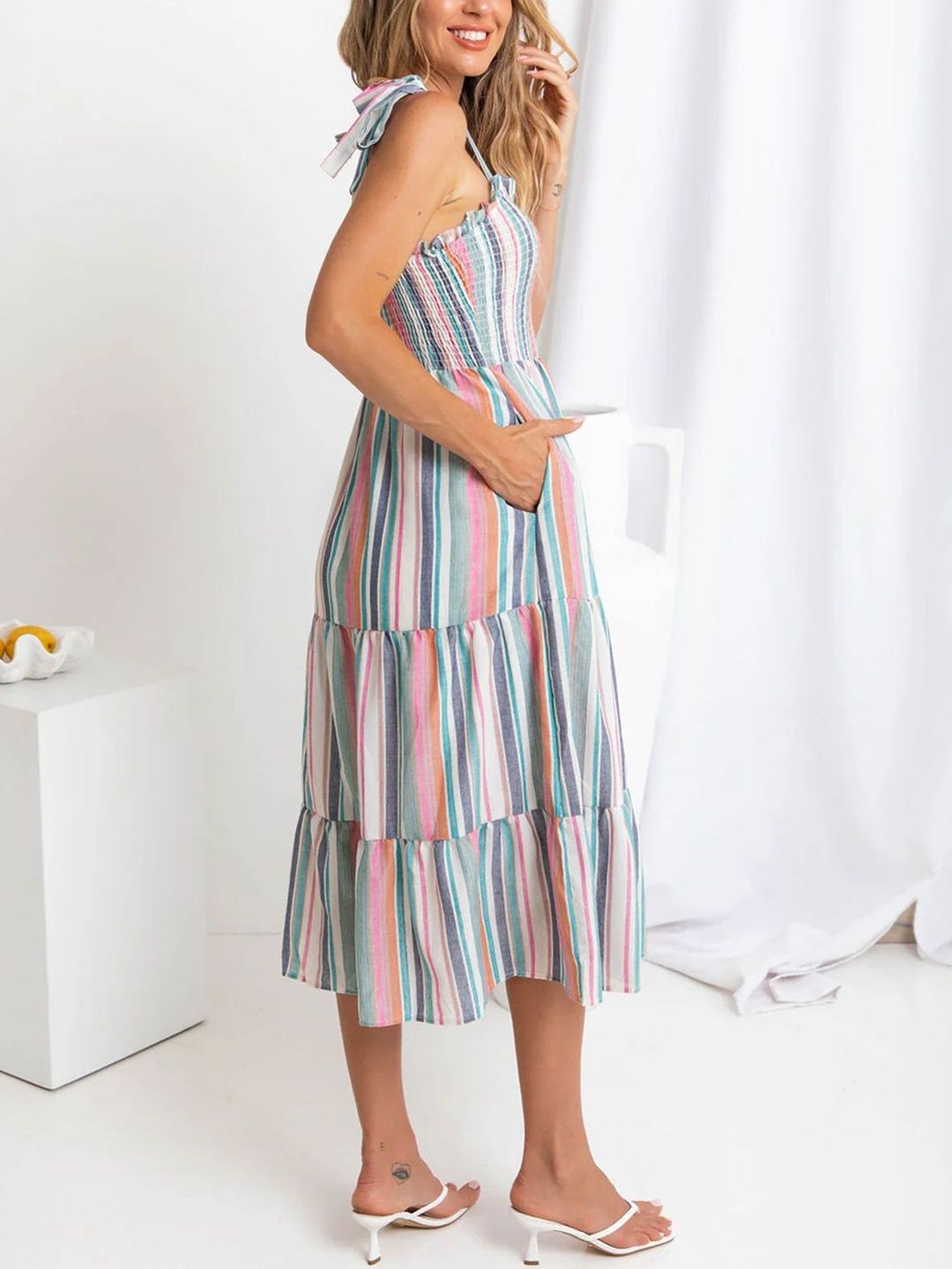 Striped A-Line Midi Dress