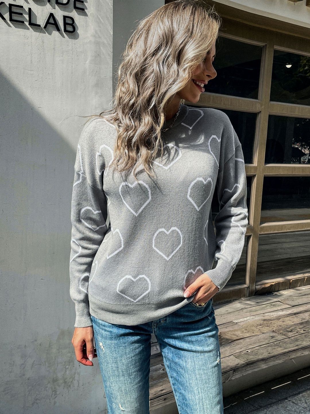 Women's Grey Printed Pullover Blend Regular Fit