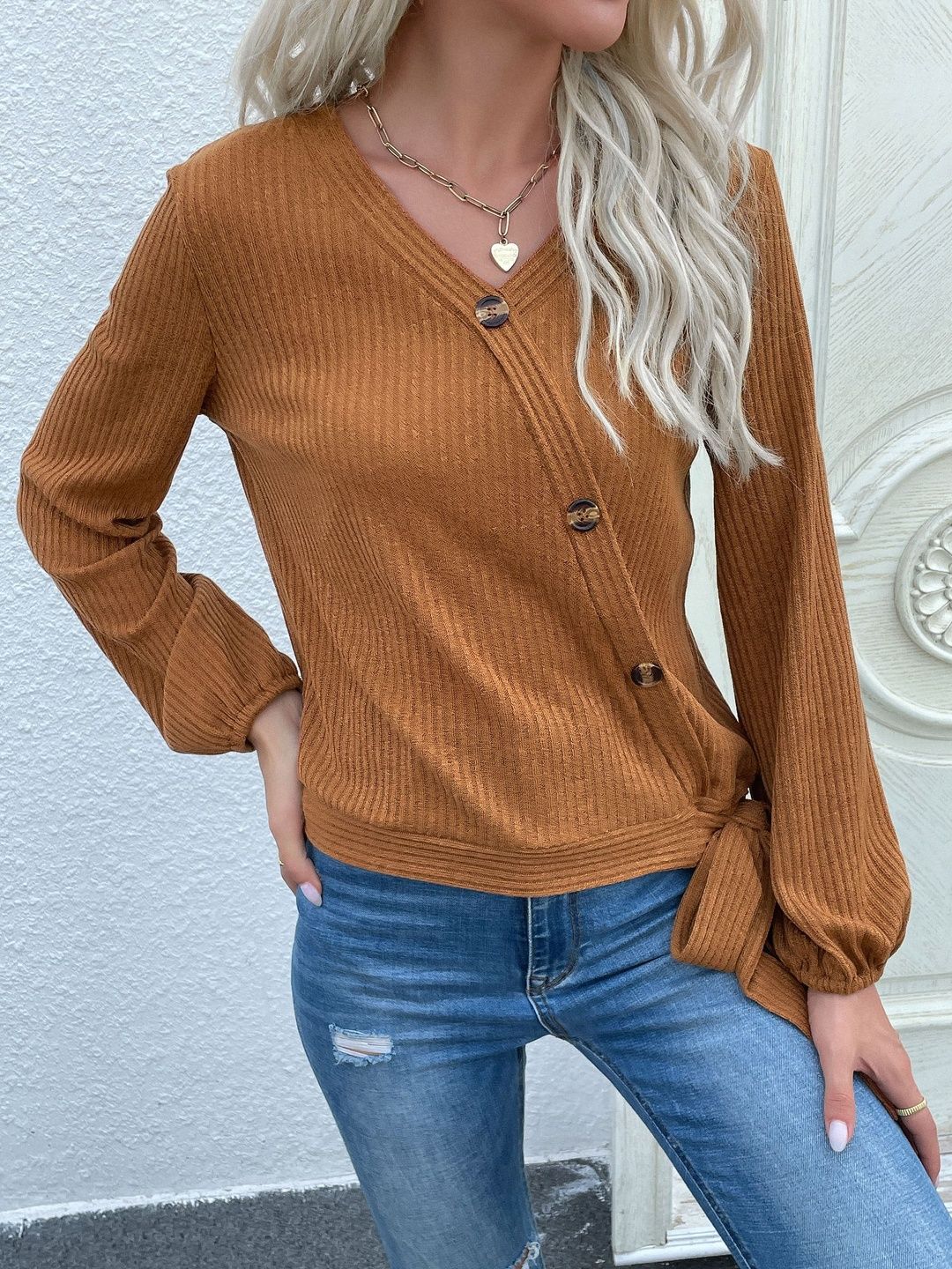 Women's Brown Ribbed Pullover Blend Printed Regular Fit
