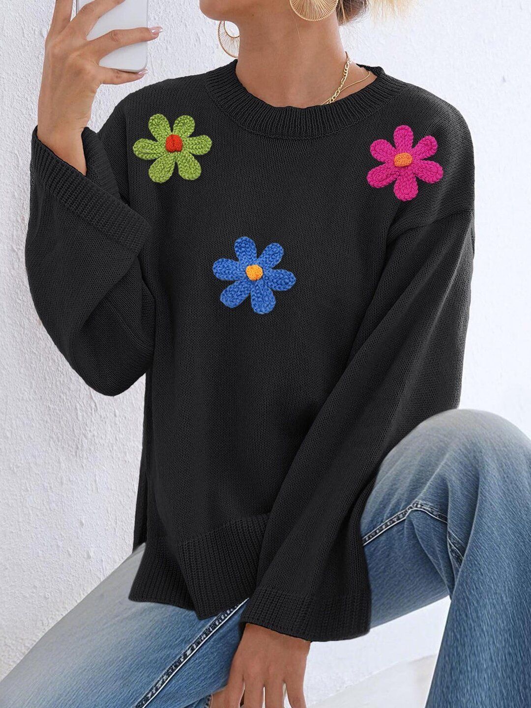 Women Floral Printed Pullover with Embroidered Detail