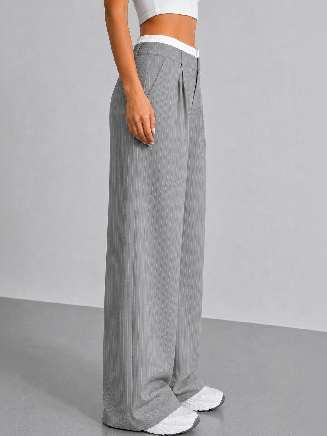 Women Striped Relaxed High-Rise Wrinkle Free Pleated Trousers
