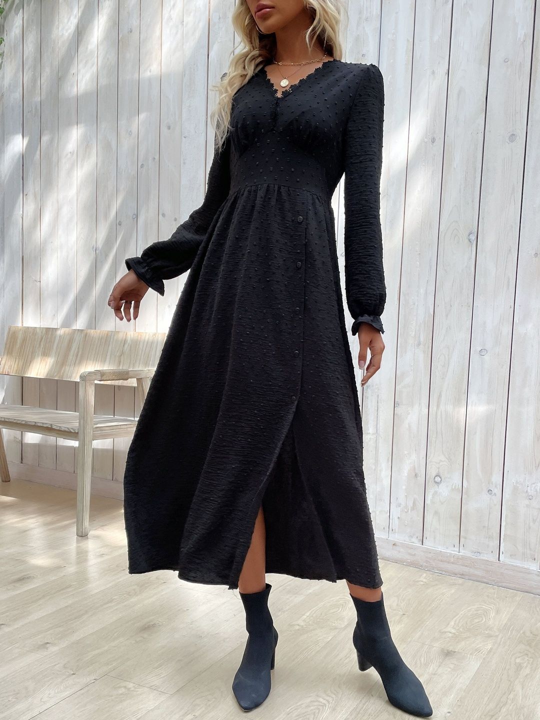 Women's Black A-Line Midi Dress Blend Printed