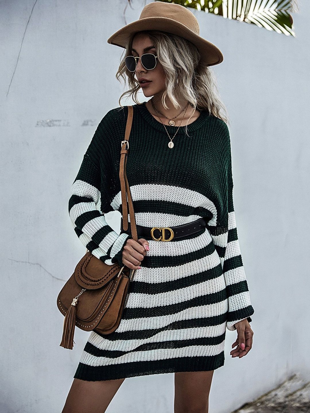 Women's Green Striped Pullover Blend Regular Fit