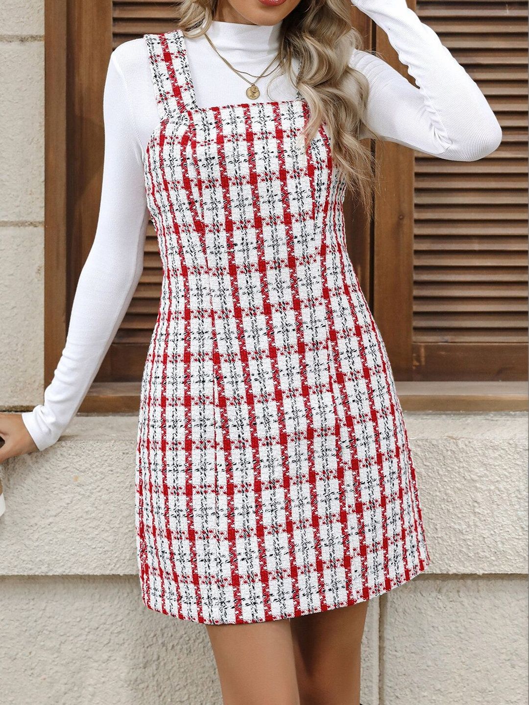 Women's Red Checked Pinafore Dress