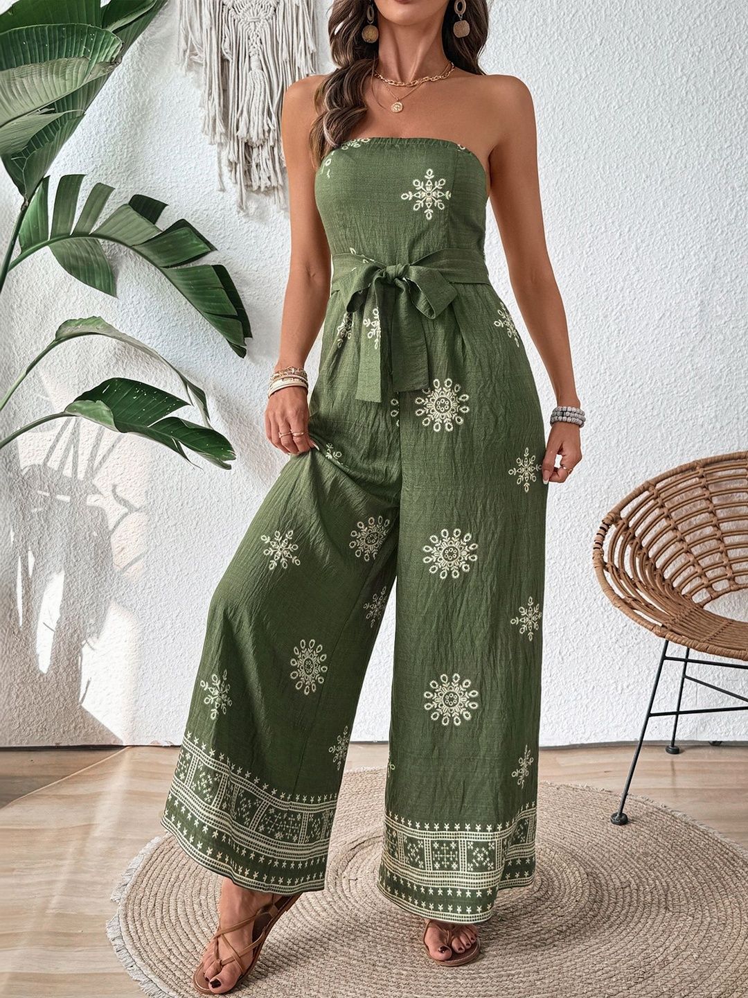 Linen Strapless Printed Basic Jumpsuit with Embroidered