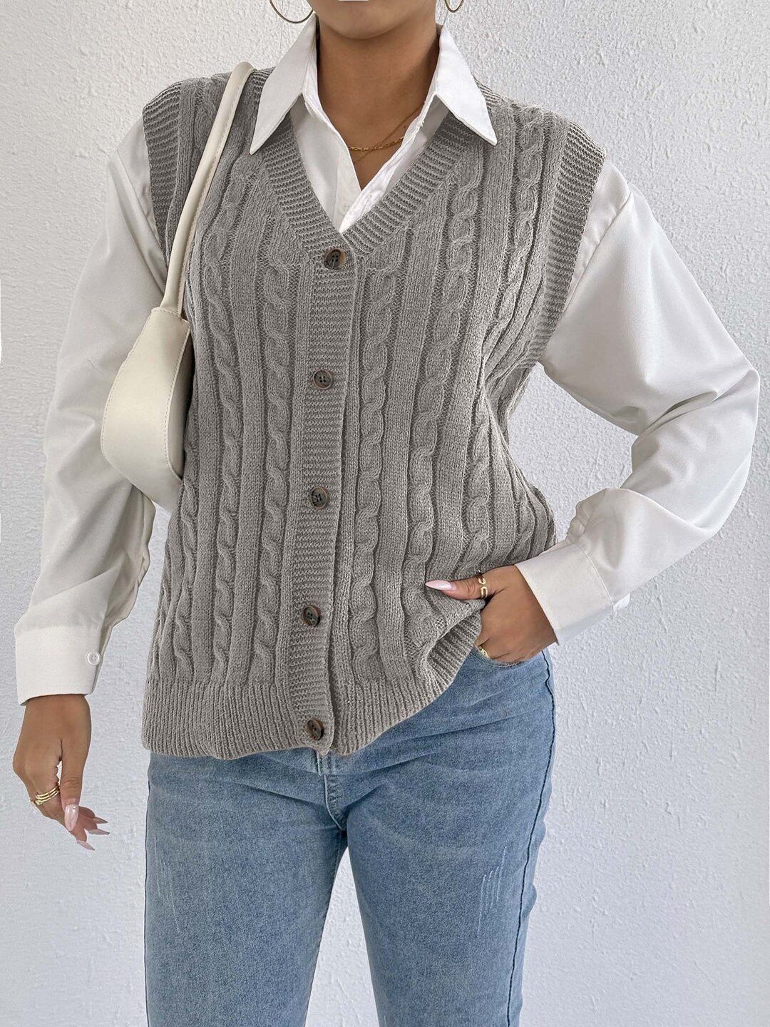Women Cable Knit Ribbed Sweater Vest