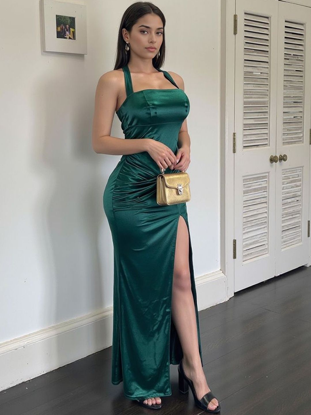 Women's Green Halter Neck Sheath Maxi Dress