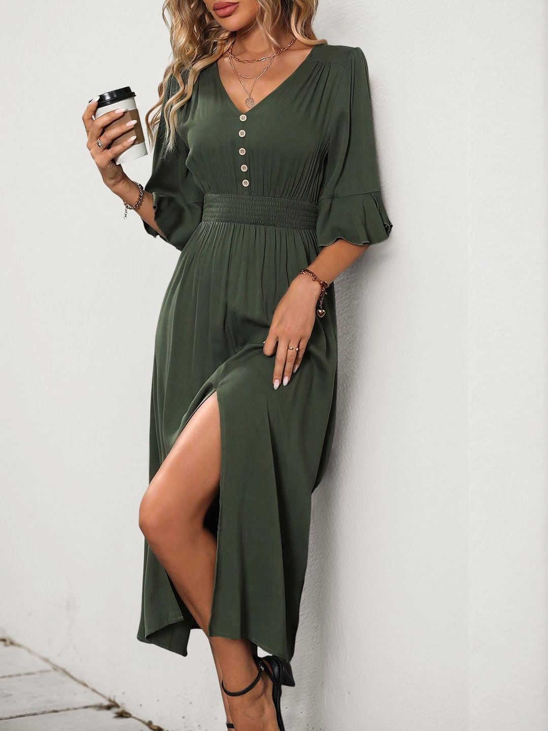 Flared Sleeve A-Line Midi Dress